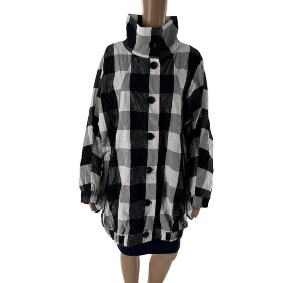 Alembika Black Checkered Gray Button Up Crinkle White Lightweight Jacket - Picture 5 of 11